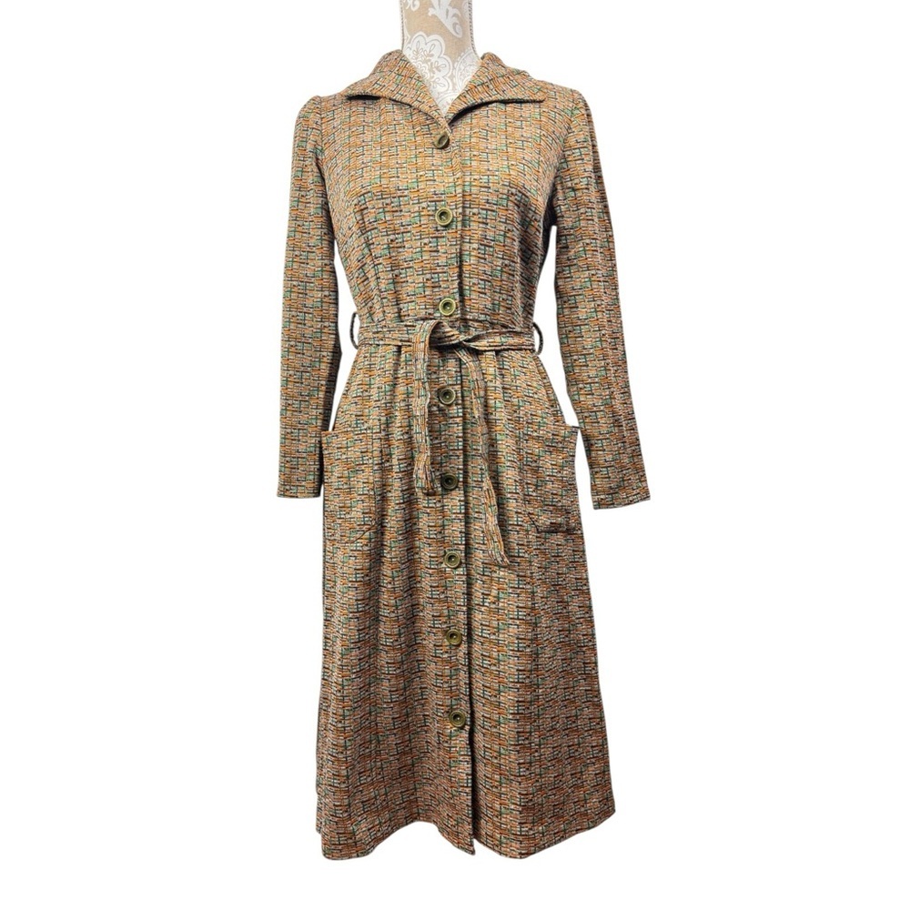 Vintage 70s Handmade Size M/L Button Front Belted Midi Dress Secretary House